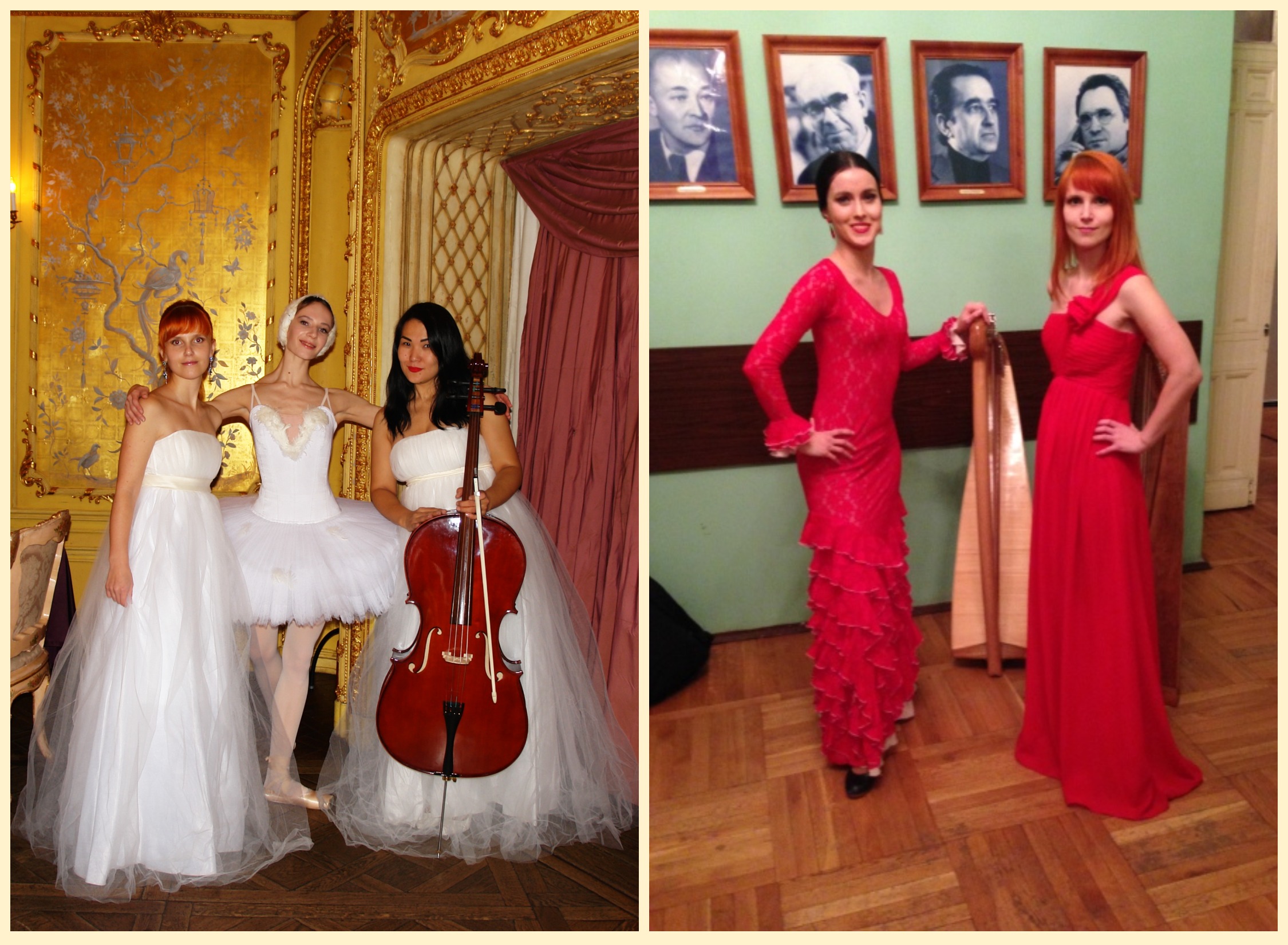 Танцы "Лебедь" и фламенко под сопровождение арфы и виолончели.